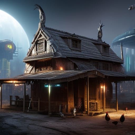 Cyberpunk Chicken Lair in Dark Fantasy Style