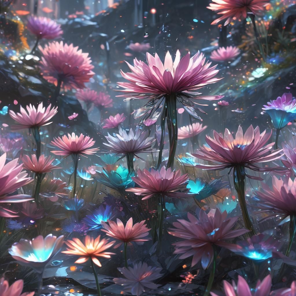Ethereal Bloom in Cyberpunk Landscape