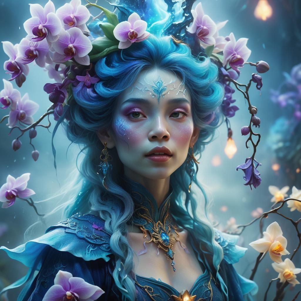 Dreamy Blue Aura Witch in Whimsical Fantasy Landscape