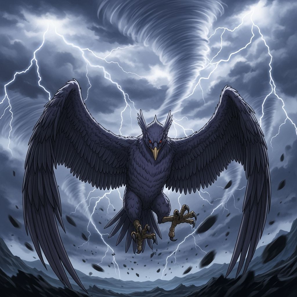 Giant Ziz Bird Embodies Storm and Darkness in Manga Style