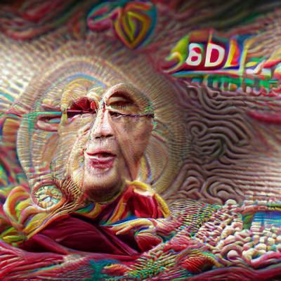 The Dalai Lama in a Psychedelic Landscape 3D Rendering