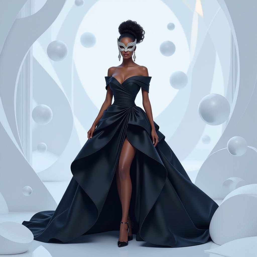 Elegant Woman in Mask at Whimsical Ballroom