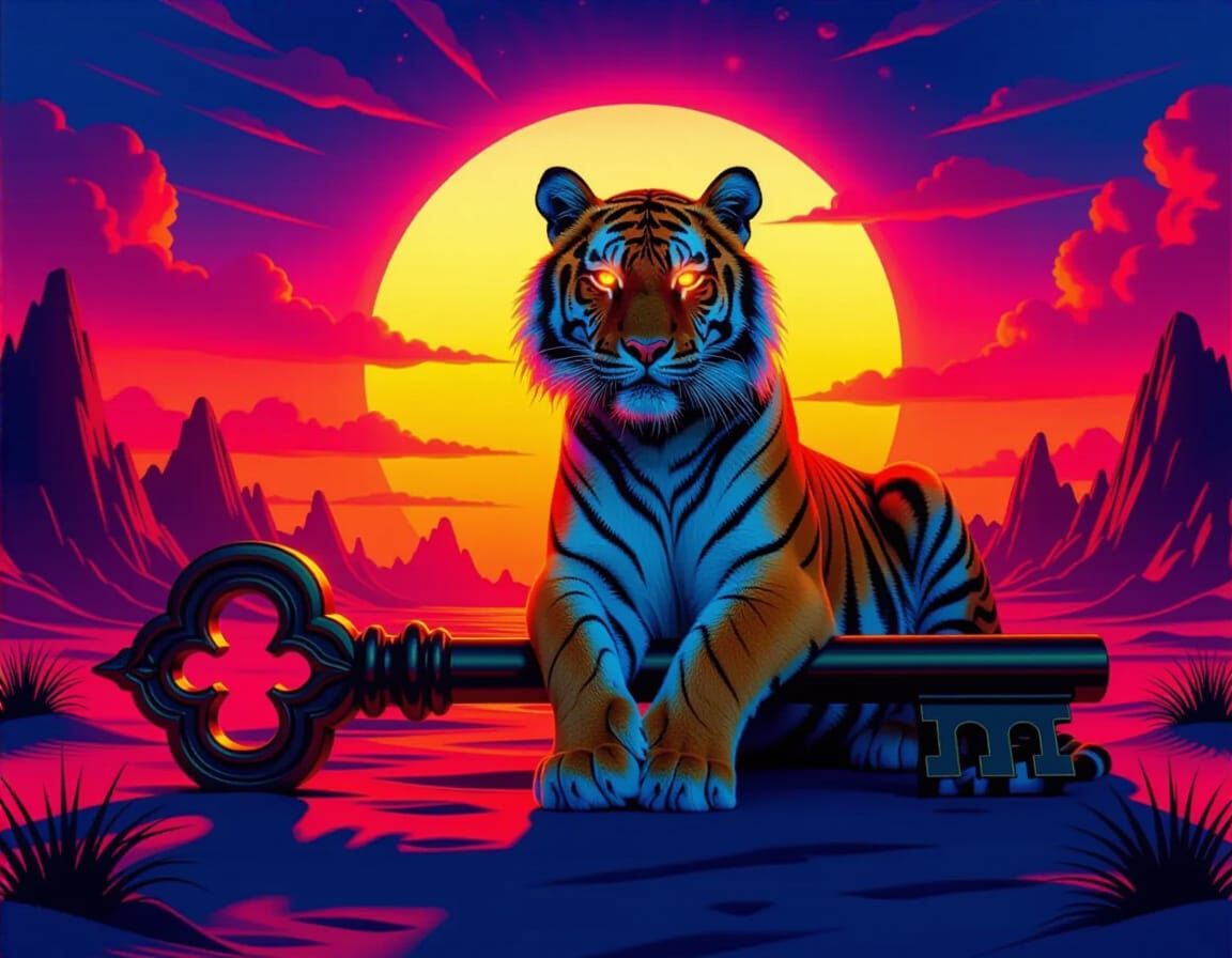 Majestic Tiger on Ornate Key in Cosmic Sunset