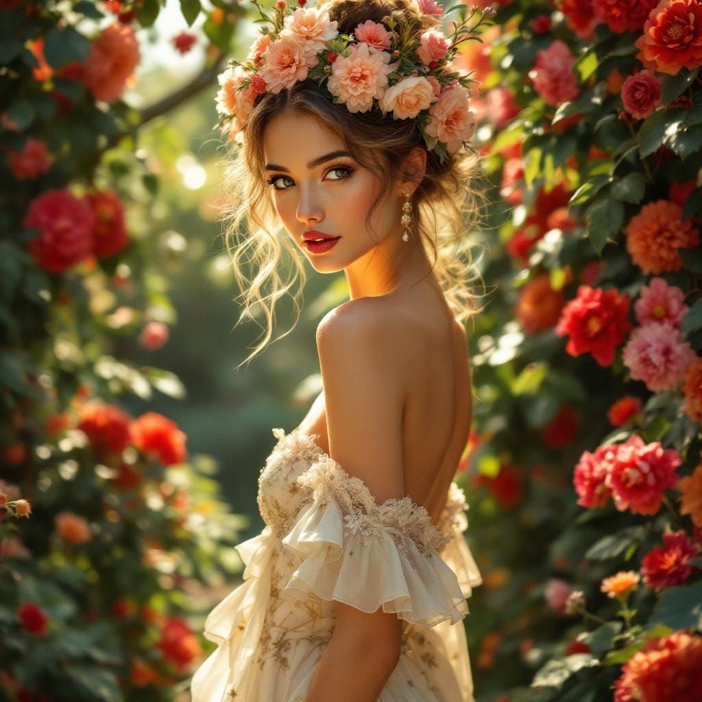 Elegant Woman in Garden, Art Nouveau Style