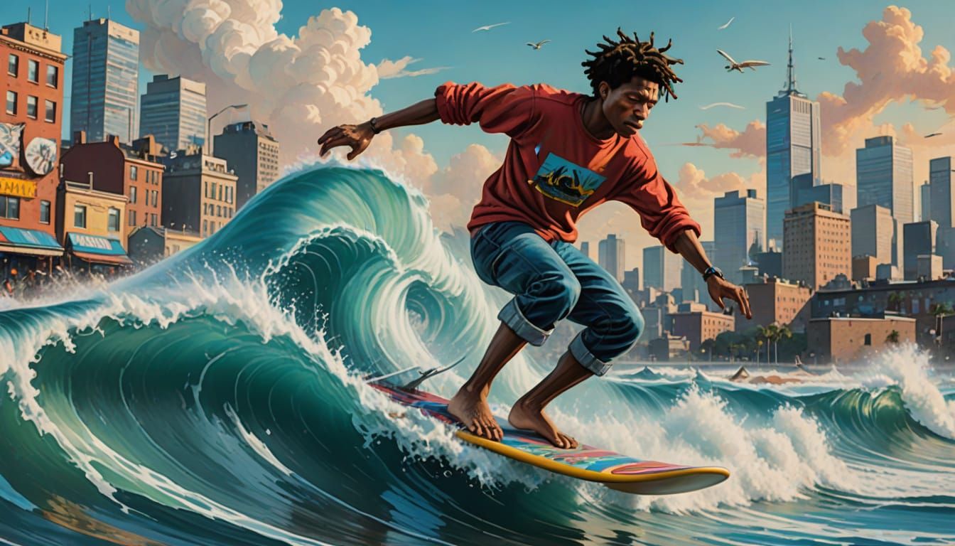 Surreal Surfer Rides Tsunami Wave as Street Art