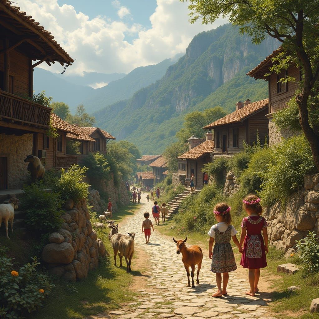 Rustic Village Scene in Earthy Tones