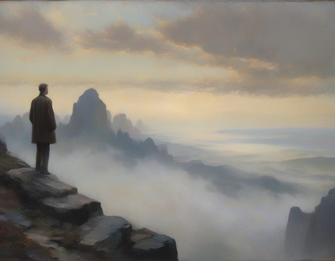 Contemplative Figure Overlooking Misty Landscape