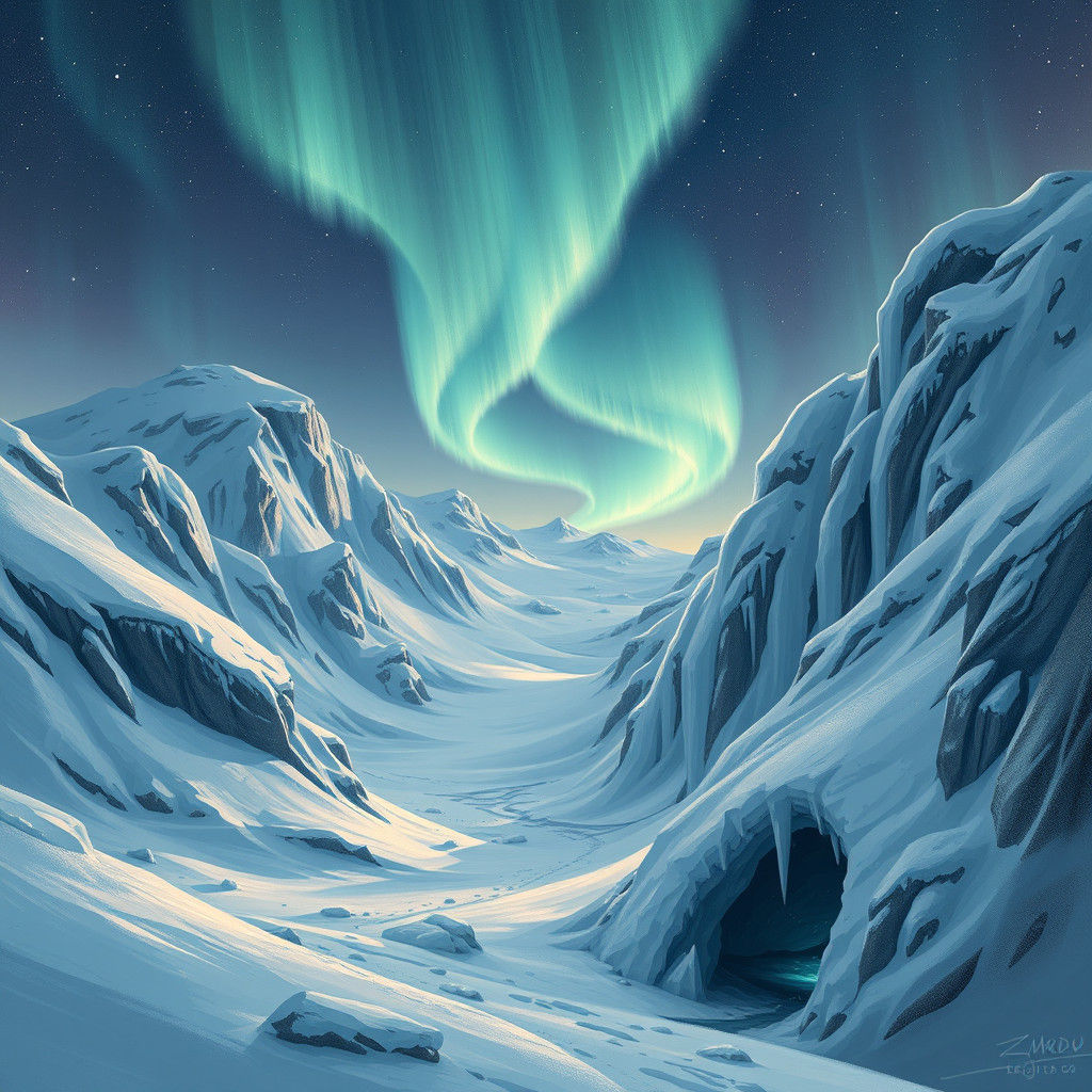 Whimsical North Pole Landscape with Aurora Borealis