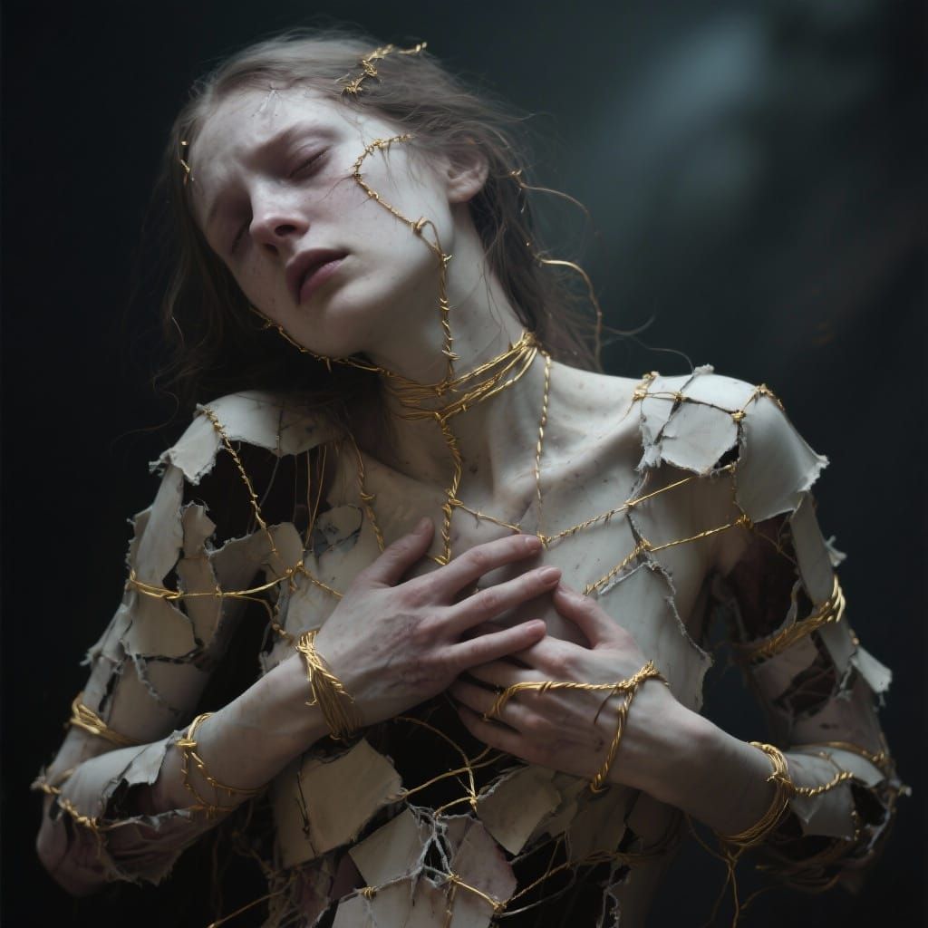 Fragile Figure Unraveling in Golden Threads