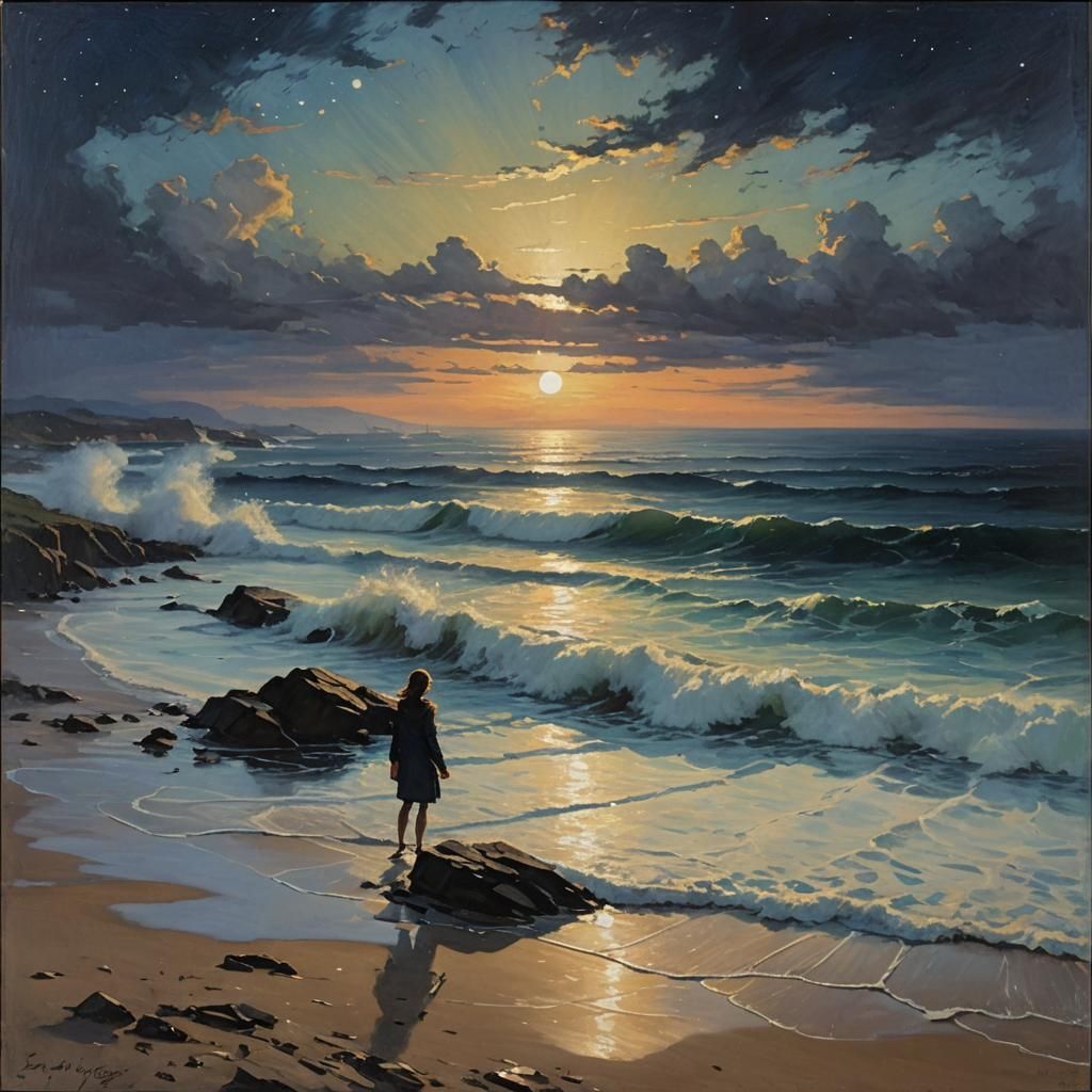 A Summer Night by the Sea in Ethereal Oil Painting