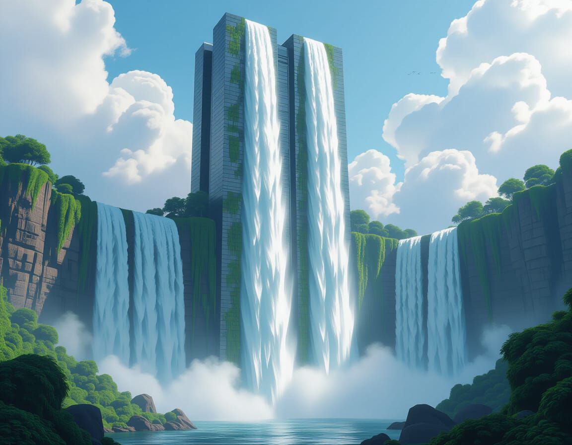 Waterfall Cascading Down Modern Skyscraper