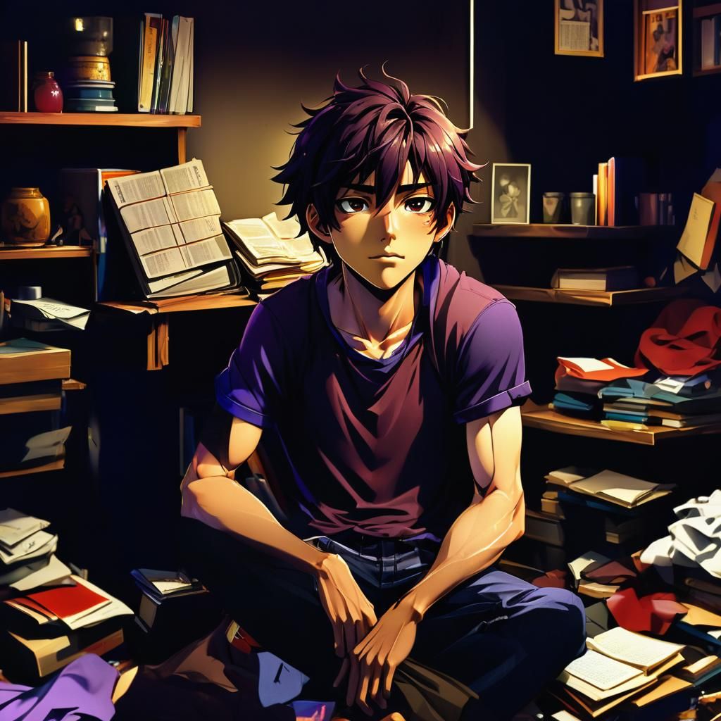 Hyper-Realistic Anime Male in Dimly Lit Cluttered Bedroom