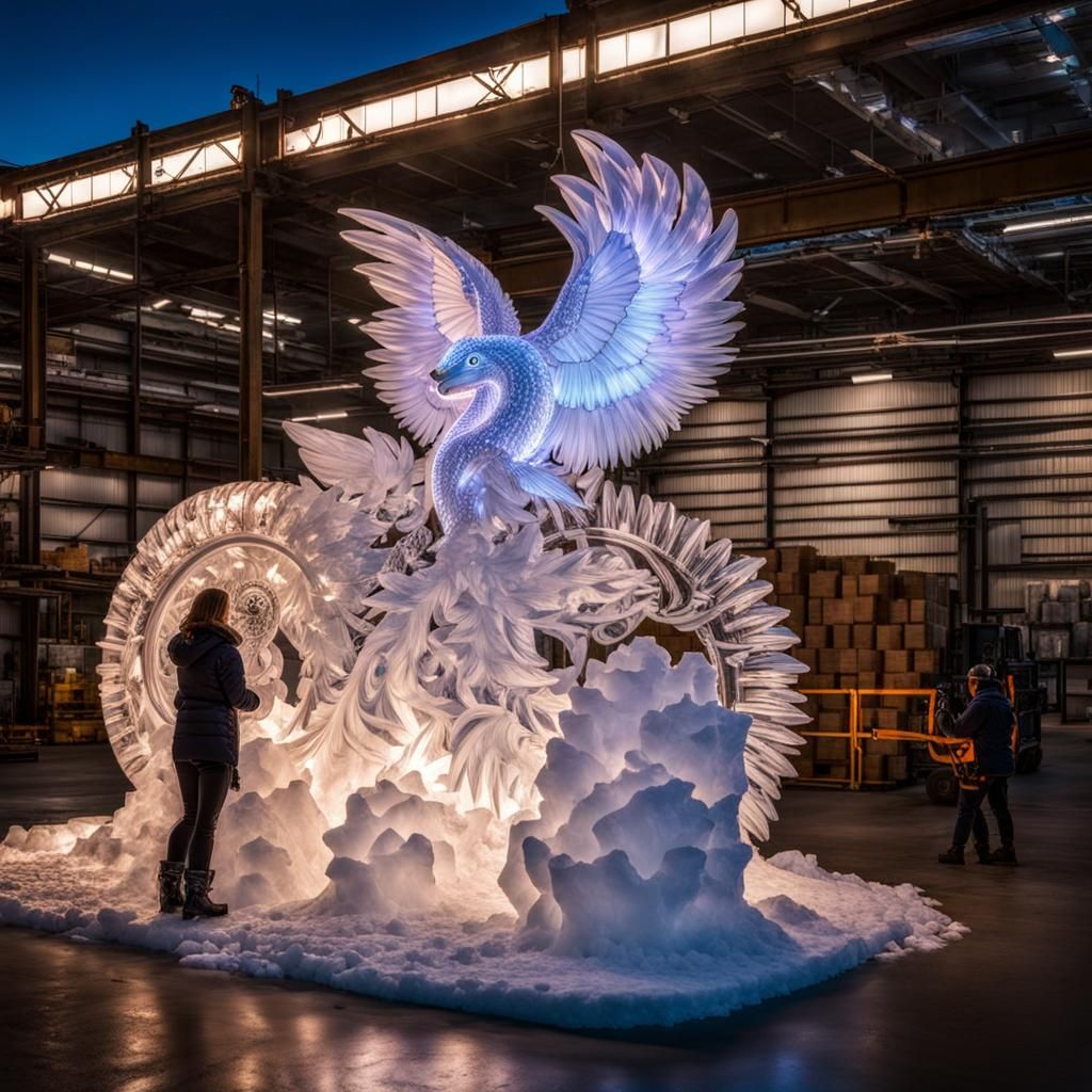 Fragile Beauty Cut from Ice in a Vibrant Warehouse Scene