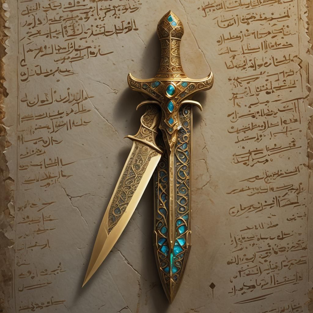 Golden Dagger on a Mysterious Tablet in Hyperrealistic Style
