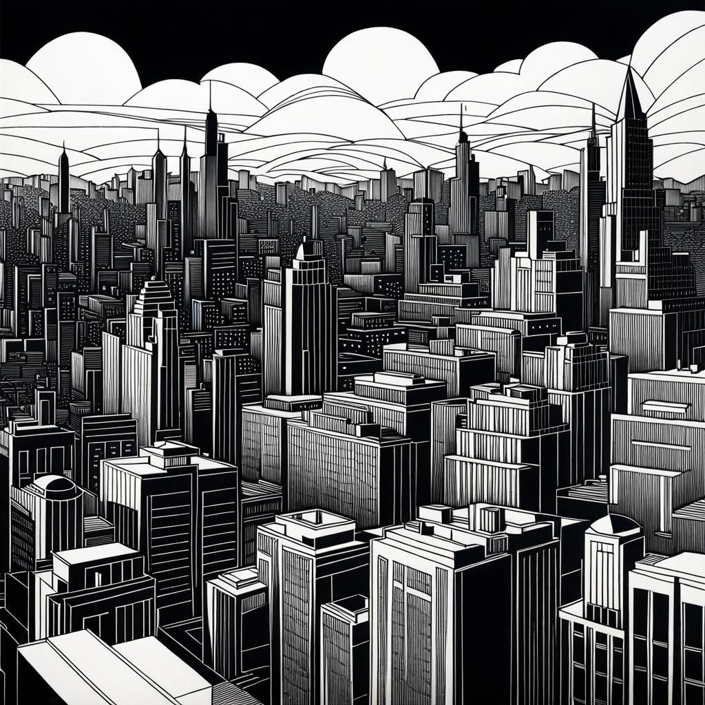 Stark Art Deco Metropolis in Film Noir Black and White