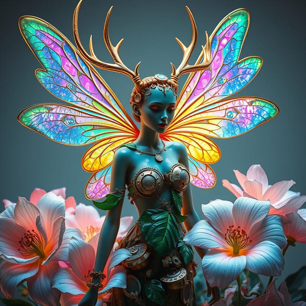 Dreamlike Glass Fairy in Steampunk Attire Amidst Delicate Fl...