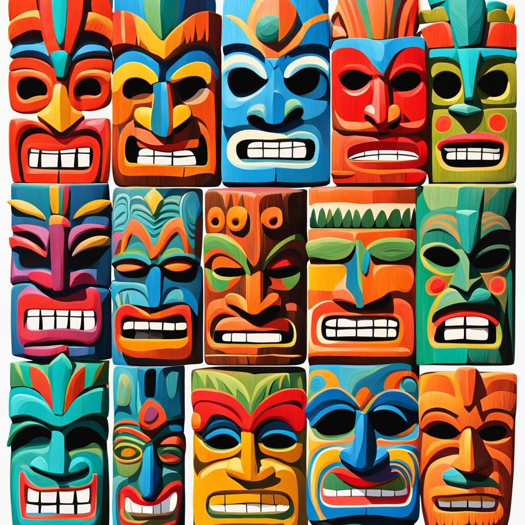 Vibrant Tiki Heads in Harmonious Colors