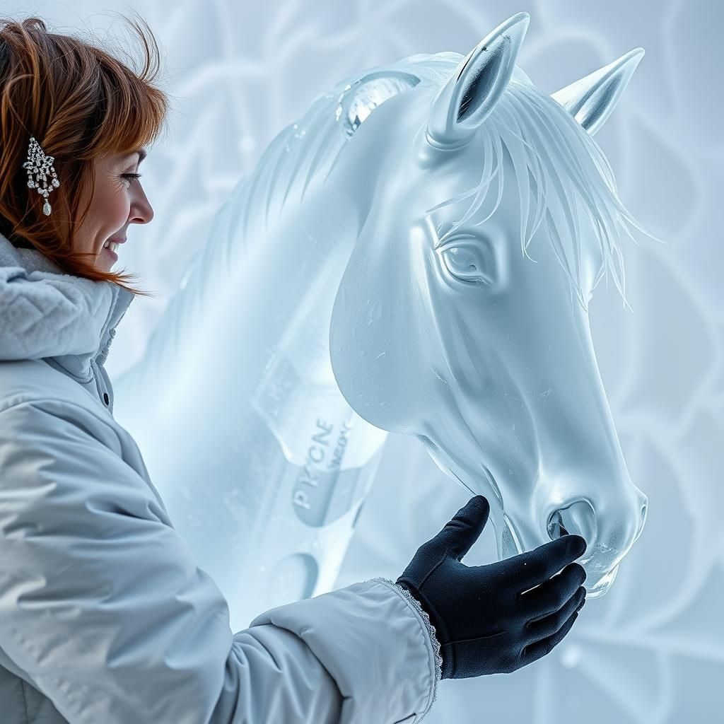 Woman Crafting Realistic Ice Horse Sculpture in a Frosty Win...