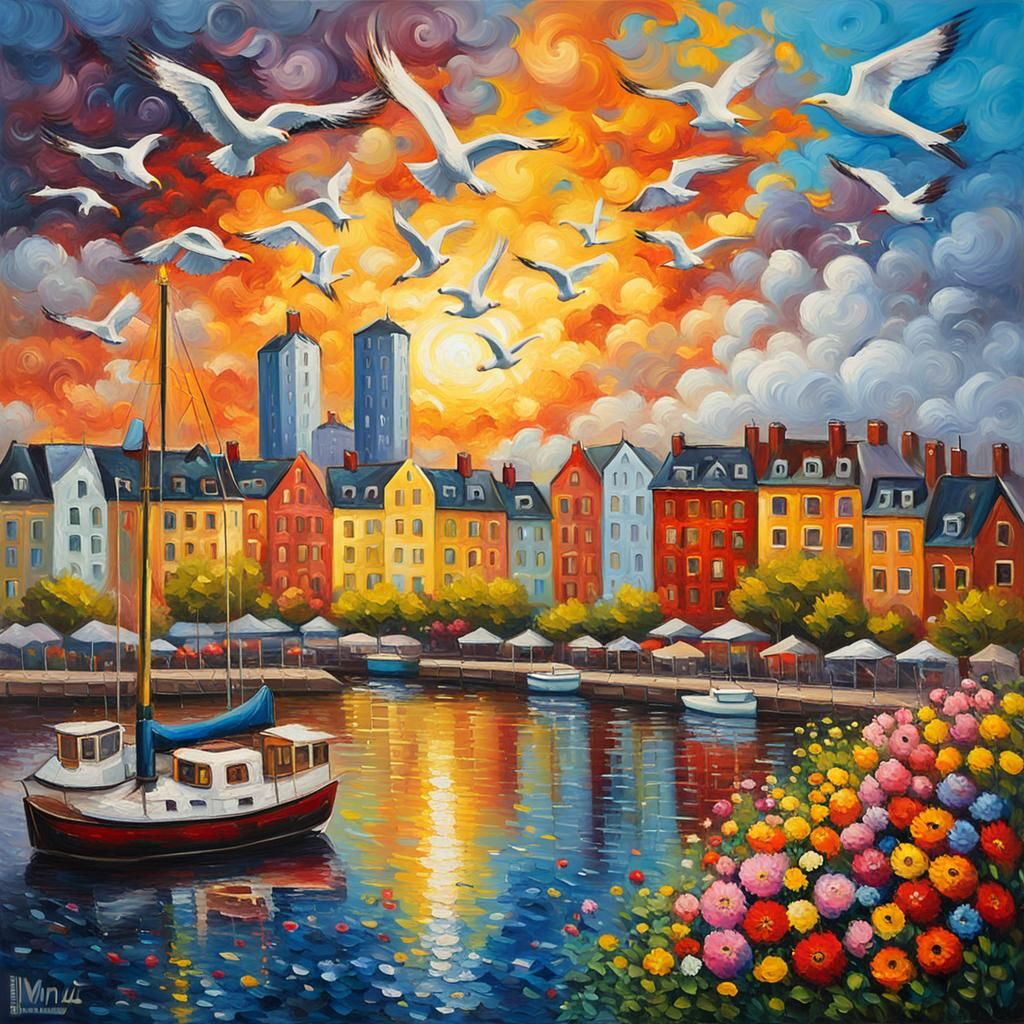 Vibrant Neo-Impressionist Cityscape in Impasto Oil Painting