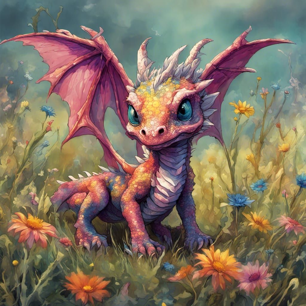 Magical Baby Dragon in Vibrant Floral Wonderland