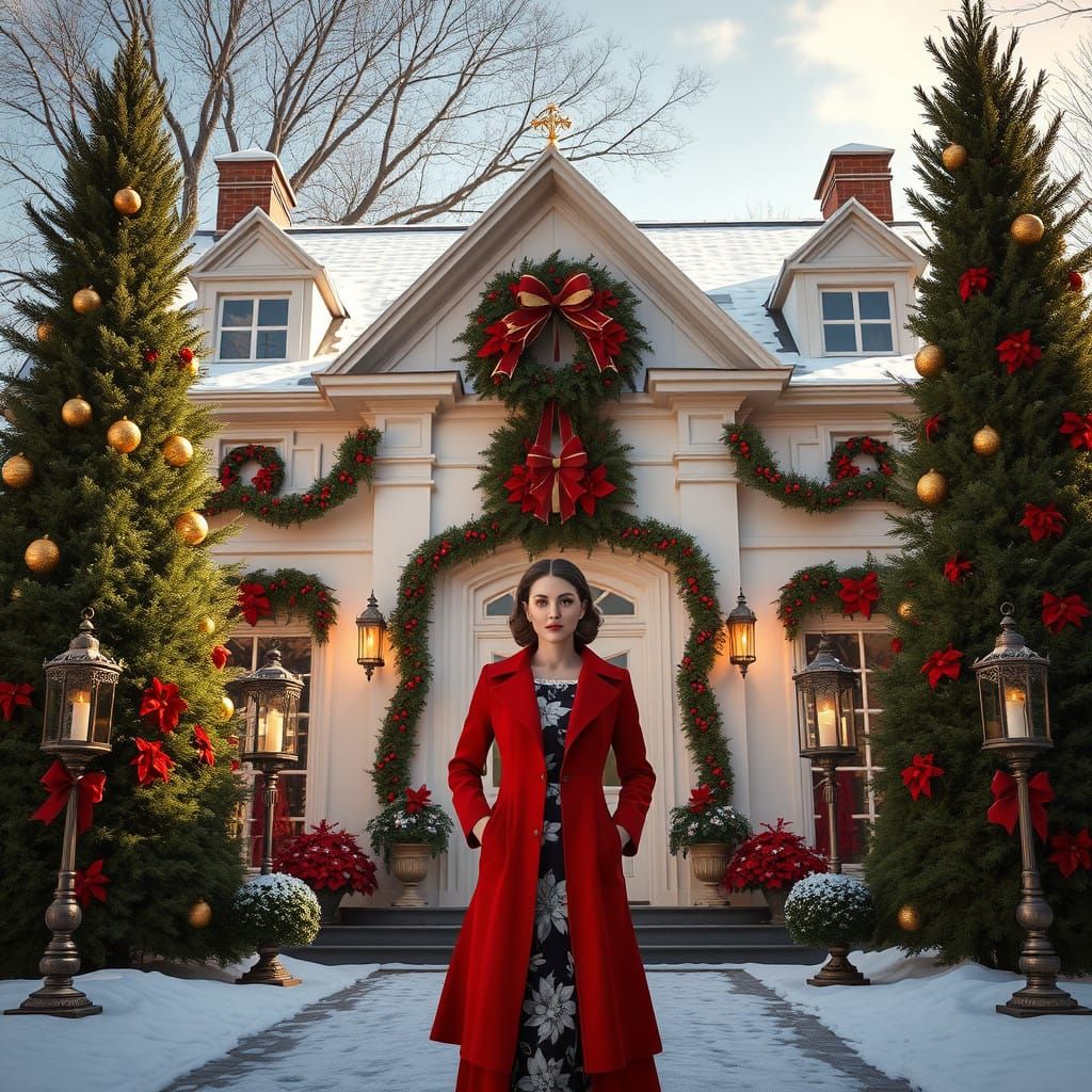 French Country Home Christmas Scene in Cyberpunk Style