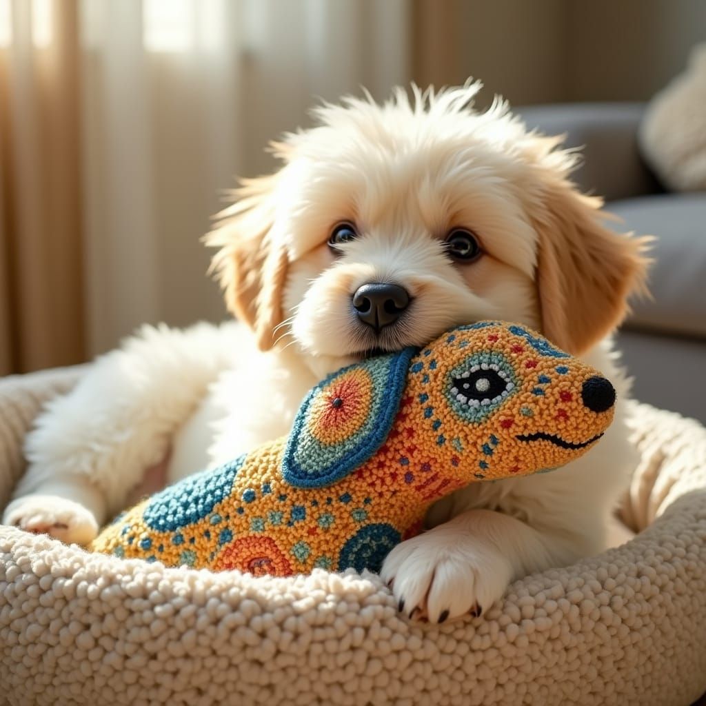 Cozy Puppy Snuggles Vibrant Mosaic Toy in Plush Dog Bed