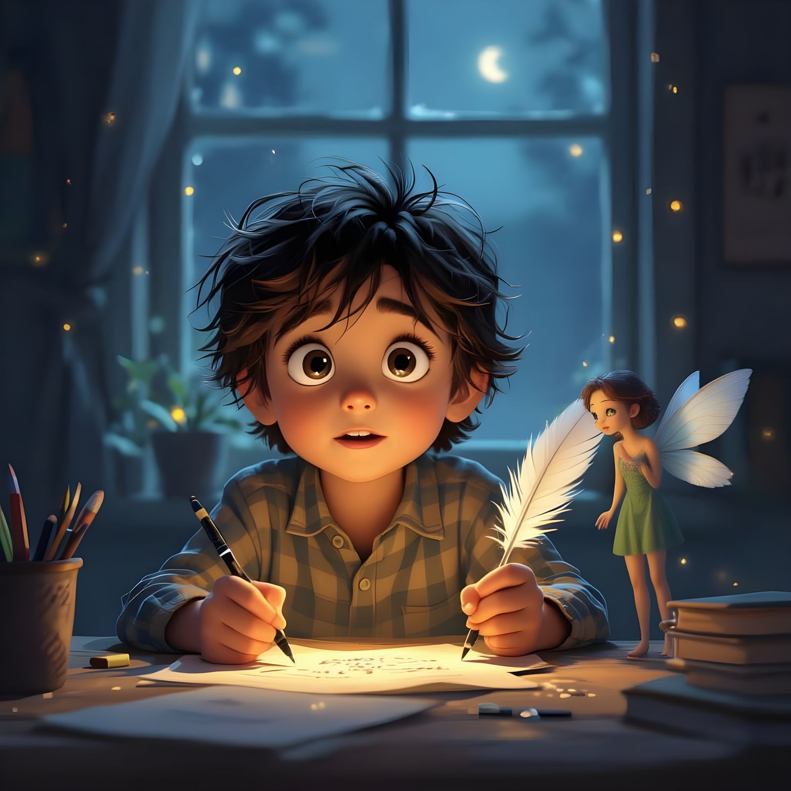 Child Holds Pen and Feather Inspired by E.T. Poster