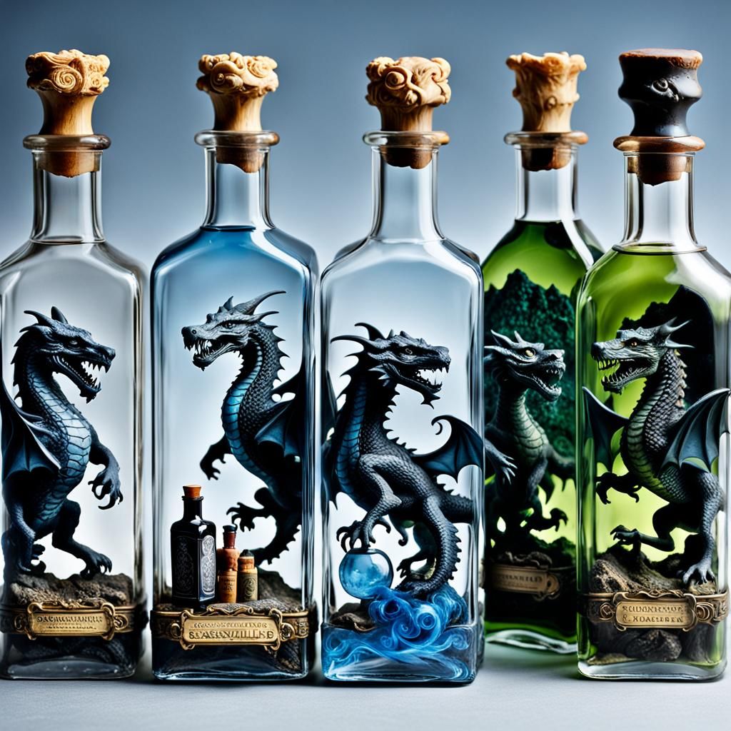 Four Glass Bottles Featuring Whimsical Scenes in Artistic St...