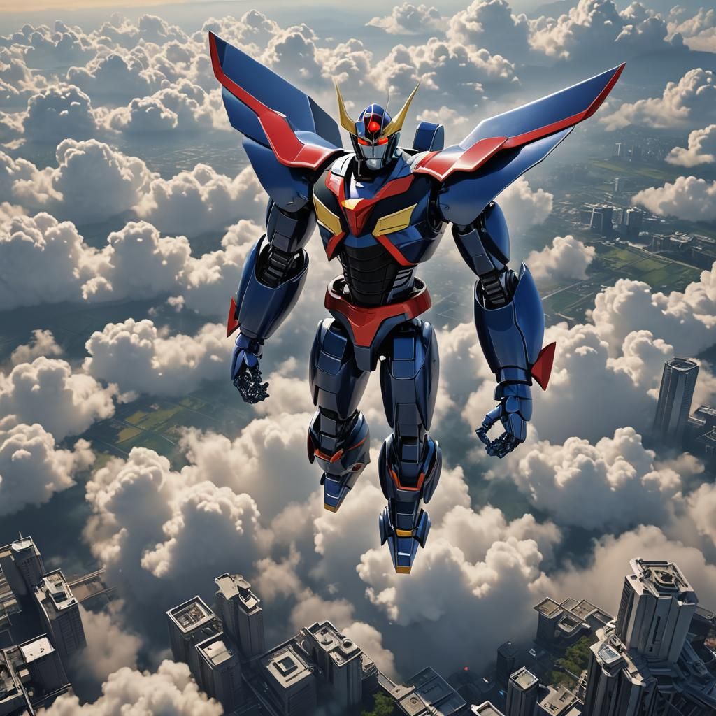 Go NAGAI's ROBOT Great Mazinger, flying, in the sky, during the day
