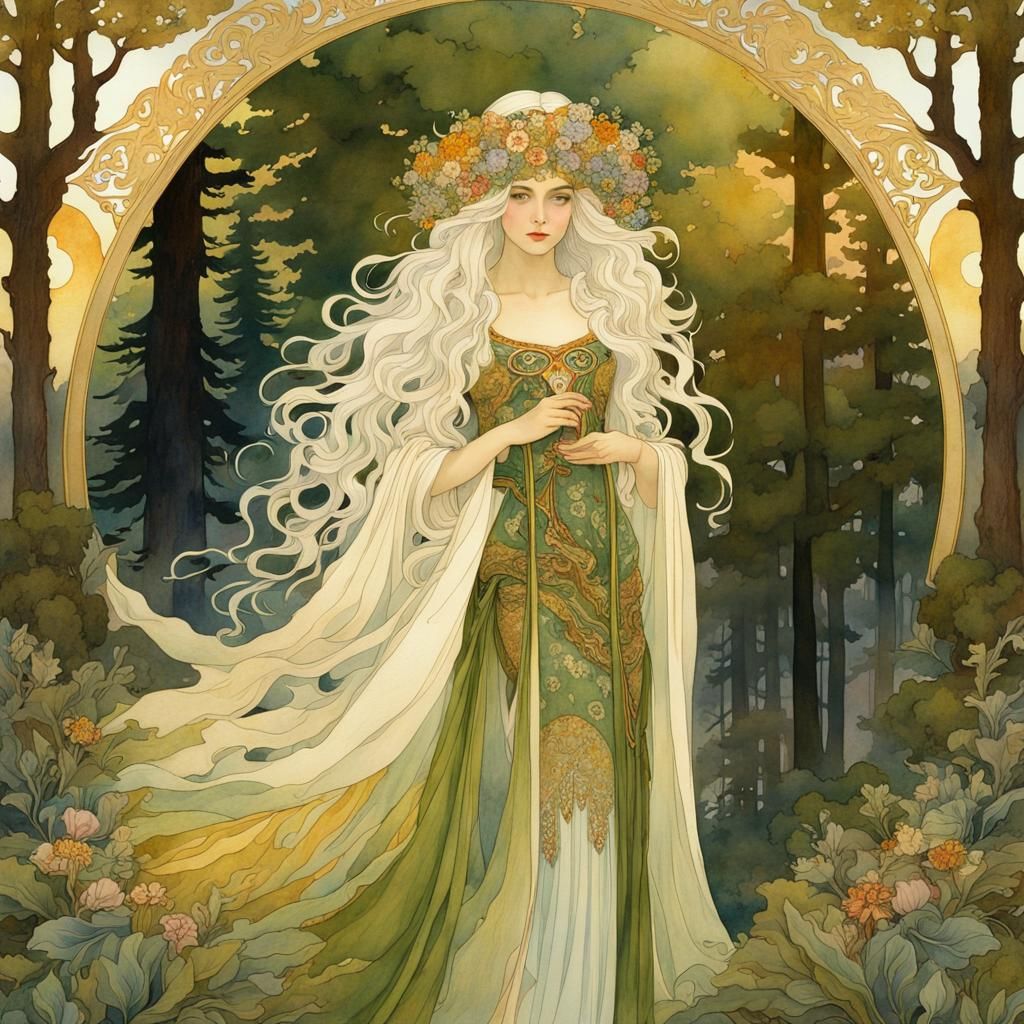 Ethereal Goddess of Nature in Art Nouveau Watercolor