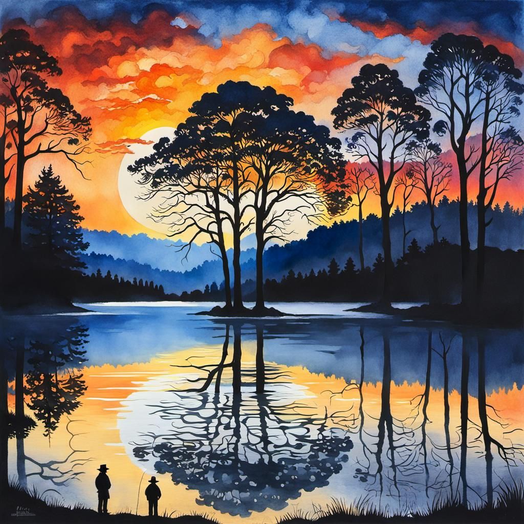 Serene Evening Lake Scene in Gouache Style