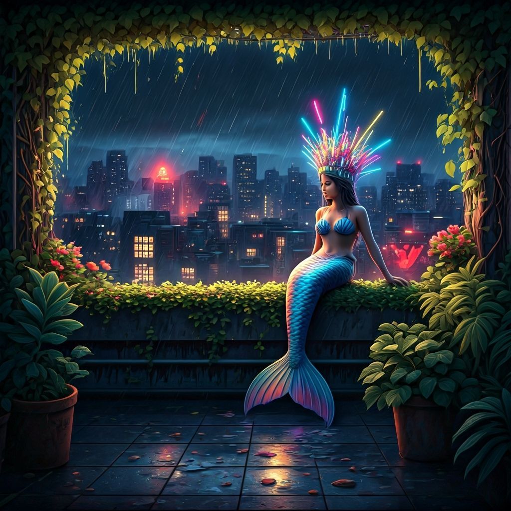 Mermaid on City Rooftop Garden at Twilight