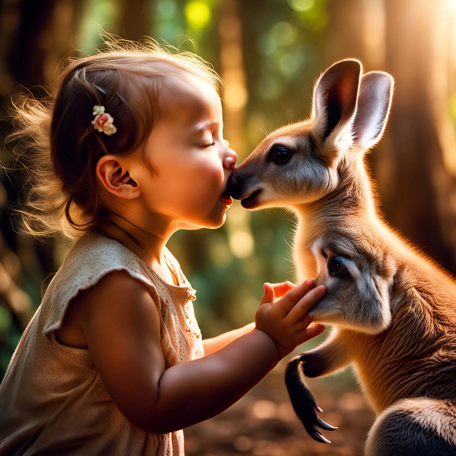 Joyful Moment of a Baby Girl and a Kangaroo in a Vibrant Jun...