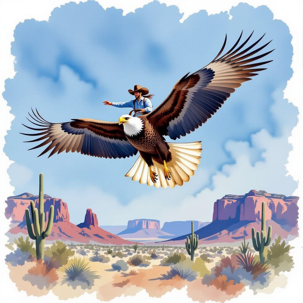 Eagle Rider Cowboy in Sumi-e Desert Landscape