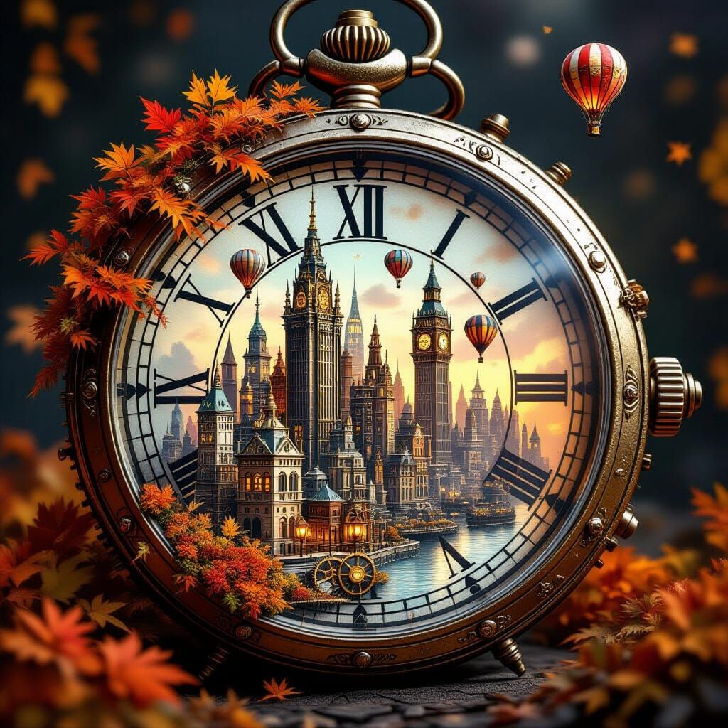Steampunk Pocket Watch City with Hot Air Balloons