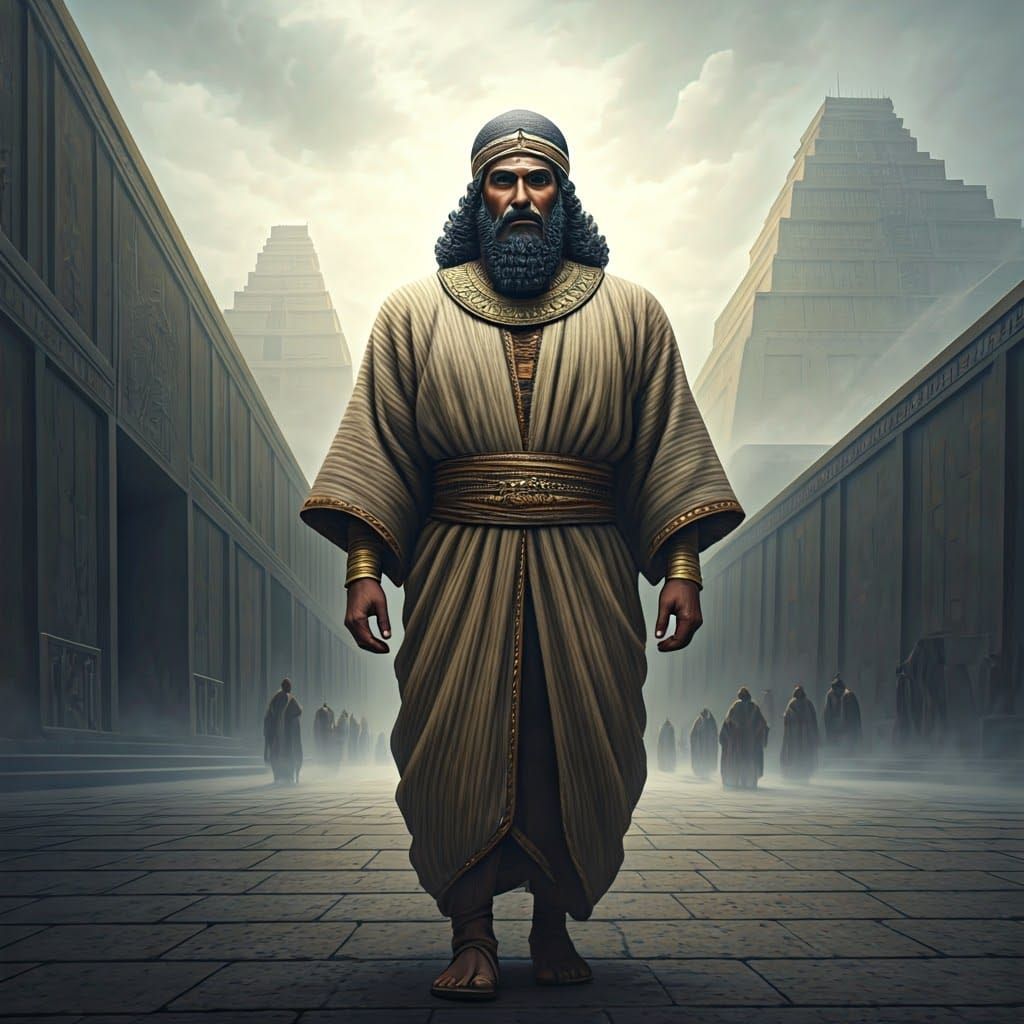 Ancient Sumerian Man in Ethereal Fantasy Cityscape