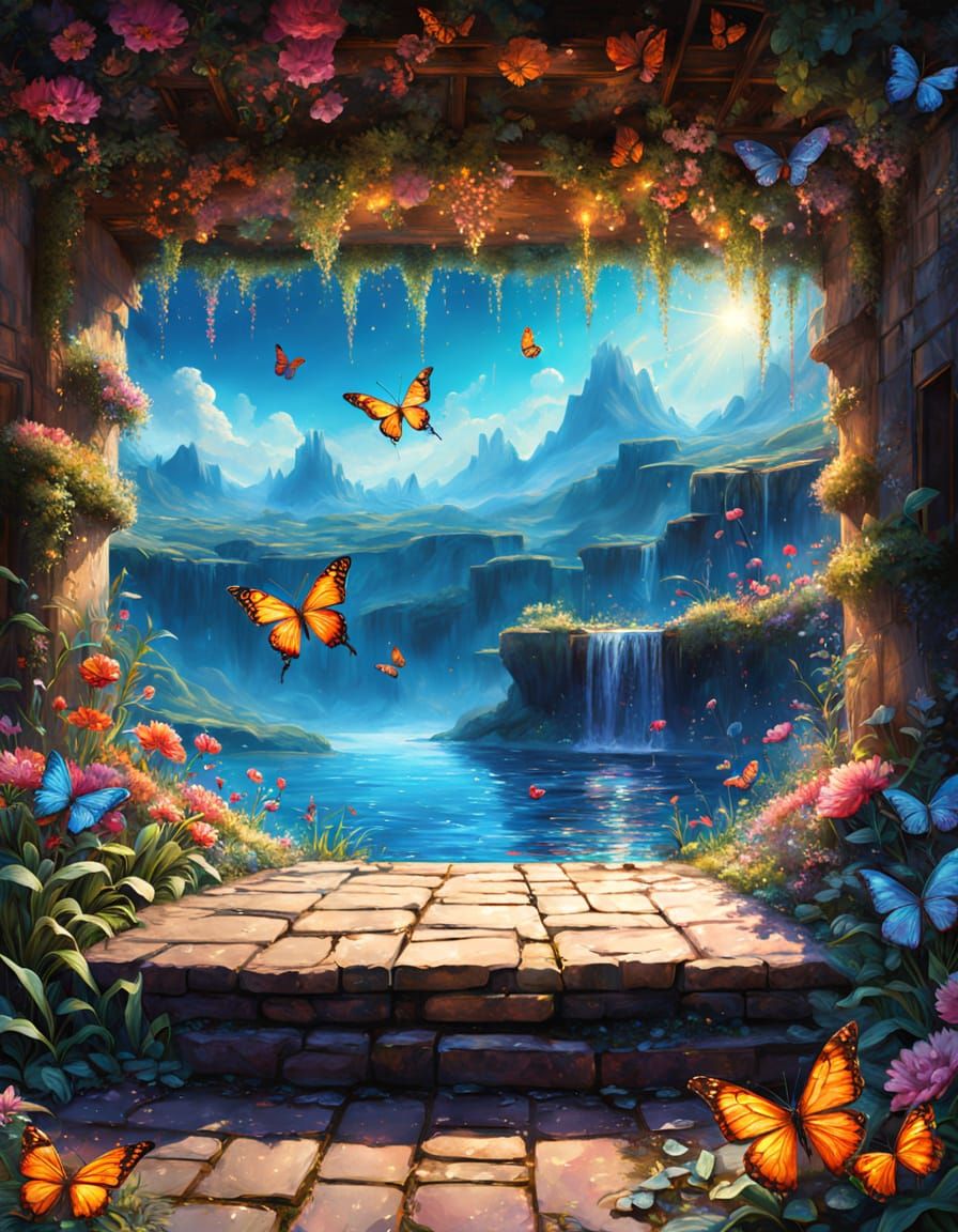Magical Floral Paradise with Shimmering Butterflies