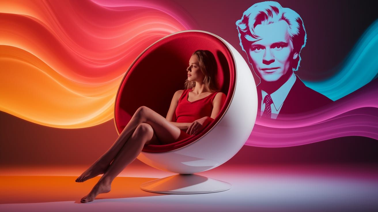 Woman in 1970s Ball Chair with Psychedelic Backdrop