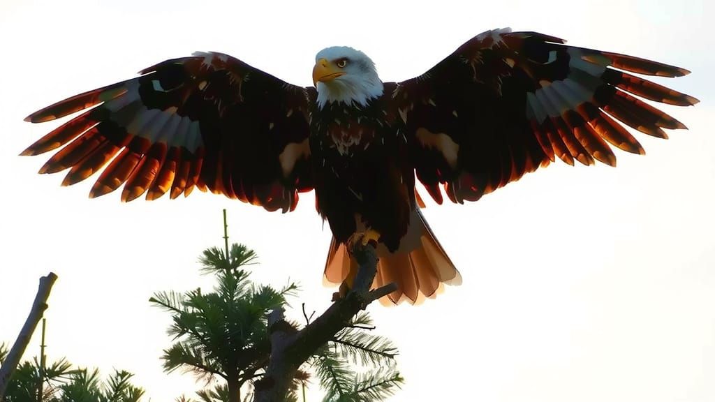 Bald Eagle Perched in Evergreen, in the Style of Audubon