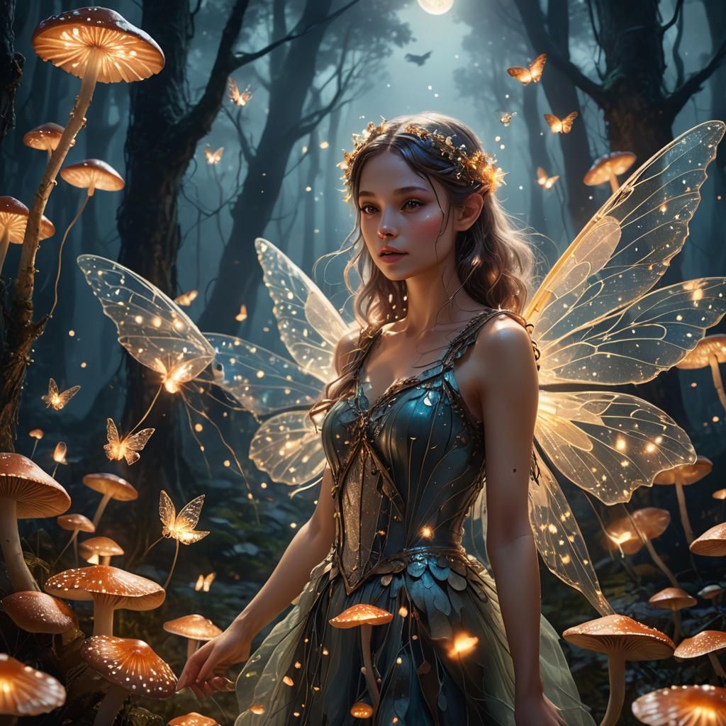 Ethereal Fairy Girl Amidst Glowing Mushrooms and Fireflies