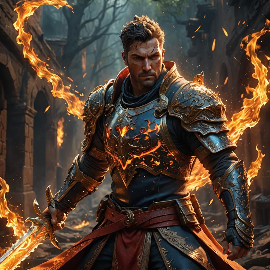 Hero Wields Blade of Fire in Epic Hyperrealistic Art