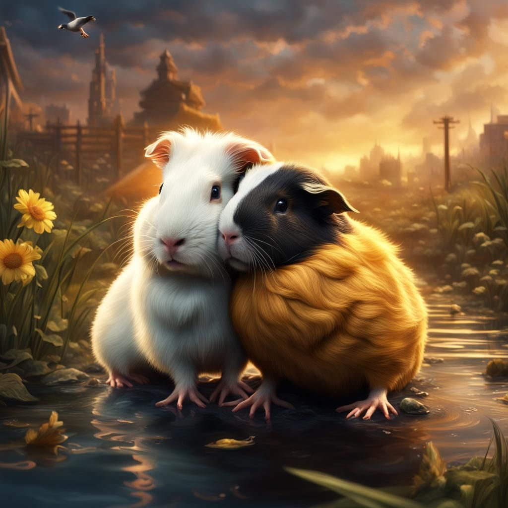 Guinea Pig Embracing a Duck in a Dramatic Digital Landscape