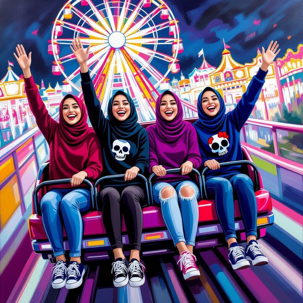 Hijabi Women on Roller Coaster as Bold Painting