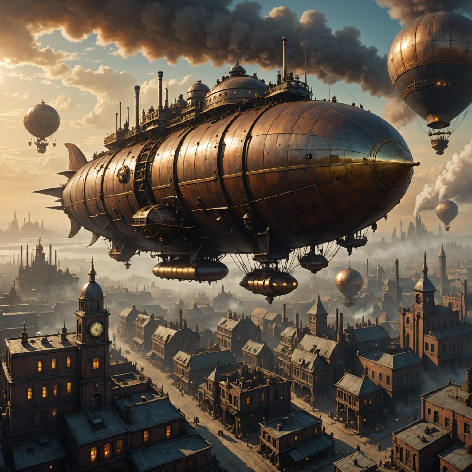 Steampunk Airship Over Industrial Cityscape