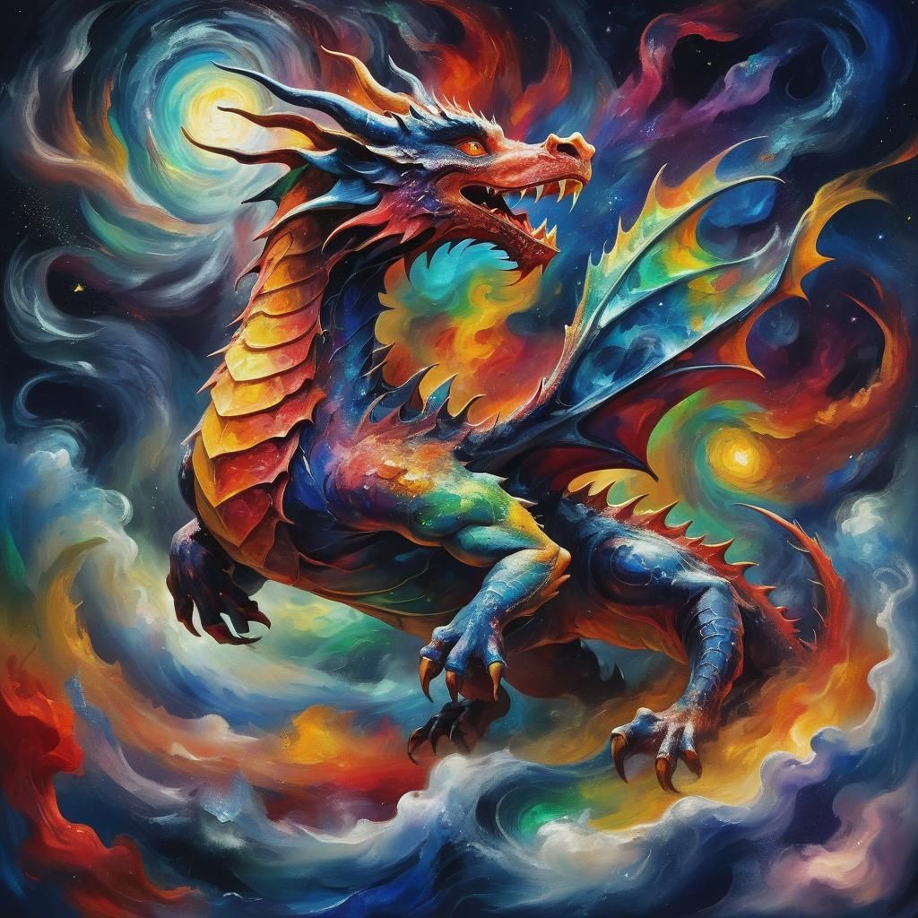 Dragon in Starlit Swirling Winds, Cosmic Impasto Style