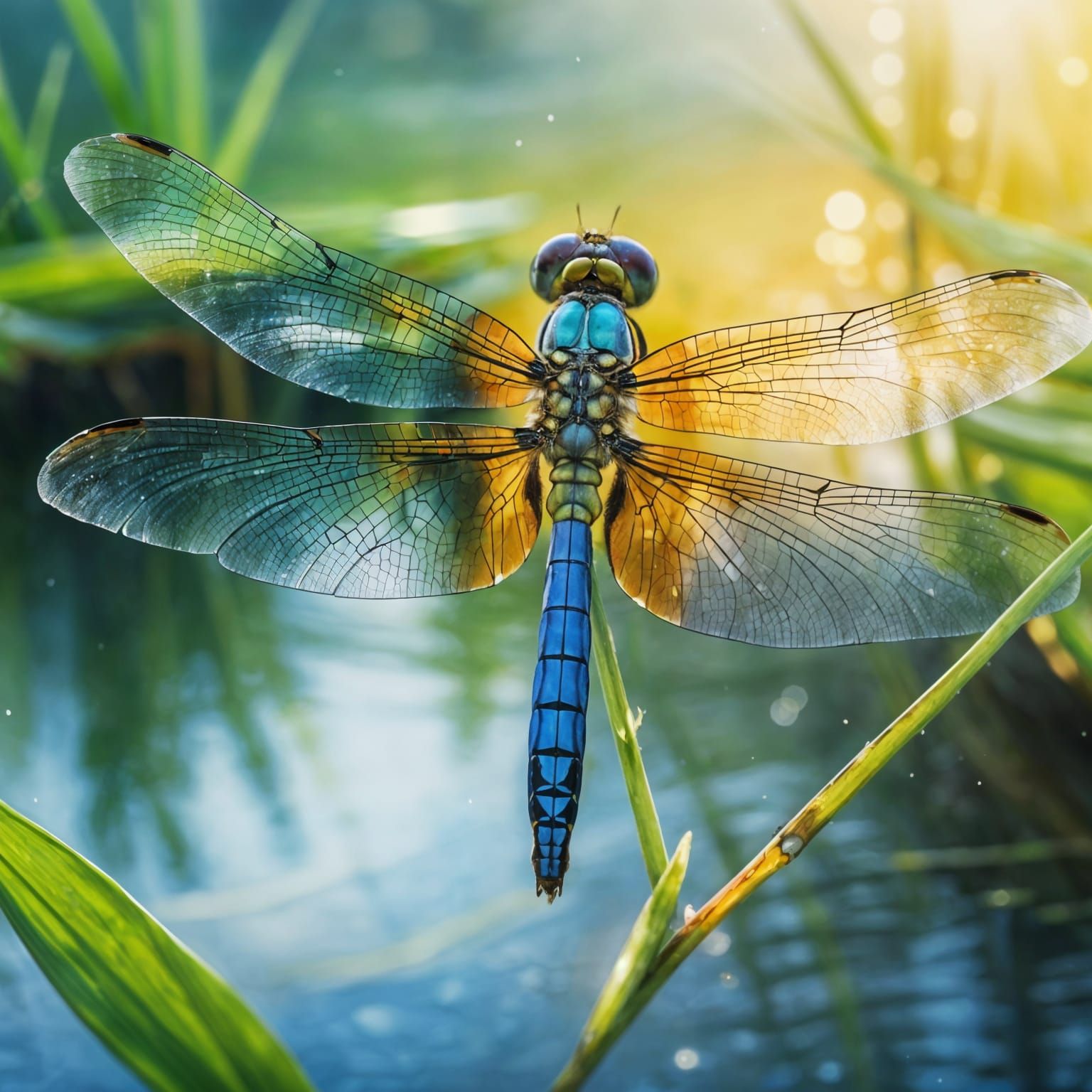 Gigantic Dragonfly Over Pond in Watercolor Style