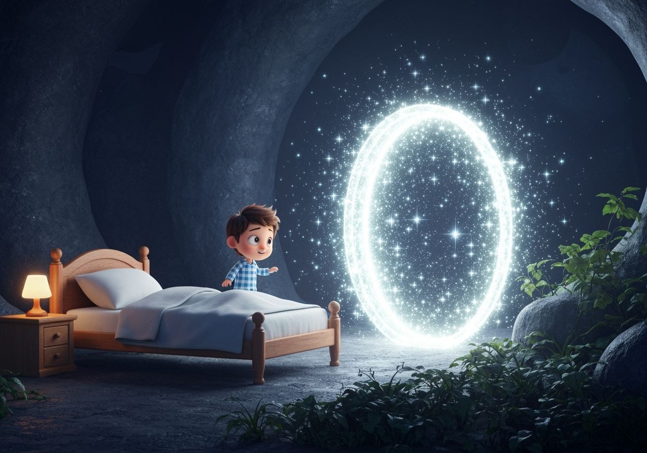 Boy's Magic Portal Awakening: 3D Pixar-Style Scene