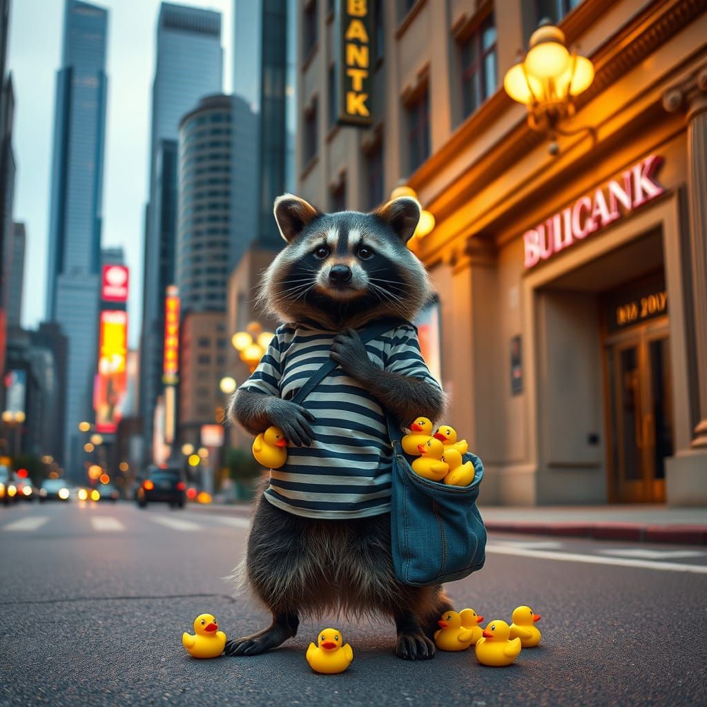 Raccoon in Striped Tee Surveys City from Skyscraper Alley