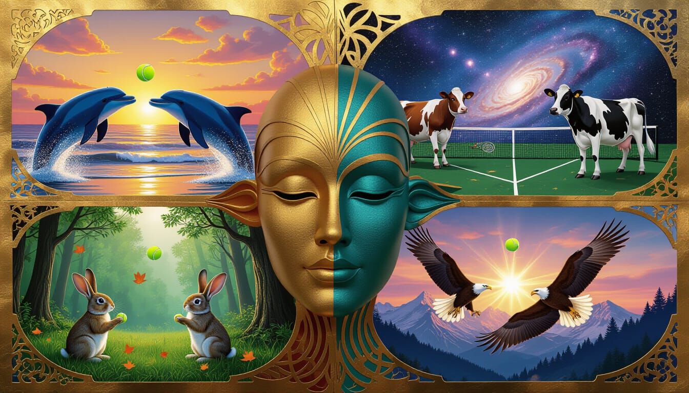 Art Deco Wolf Portrait with Animals Playing Tennis