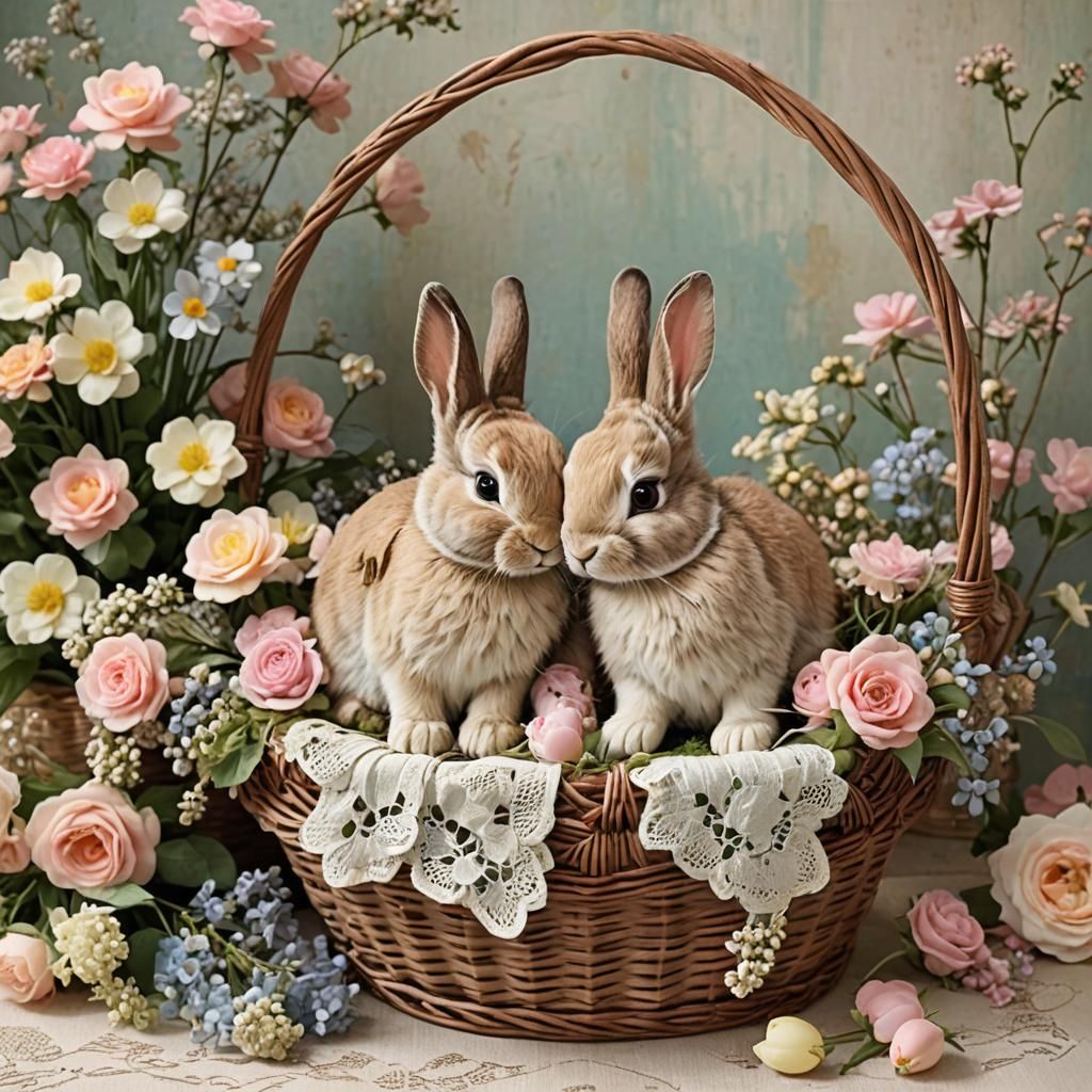 Delicate Bunnies in Vintage Wicker Basket, Blooming Pastels